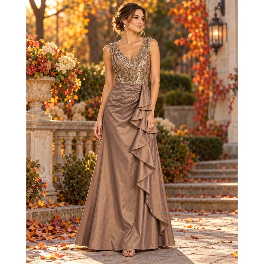 Tadashi Shoji Copper Brown Sequin Lace Ruffle Formal Gown Size 2 NWT